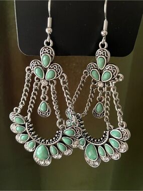 Green bead and crystal rhinestone chandelier earrings
